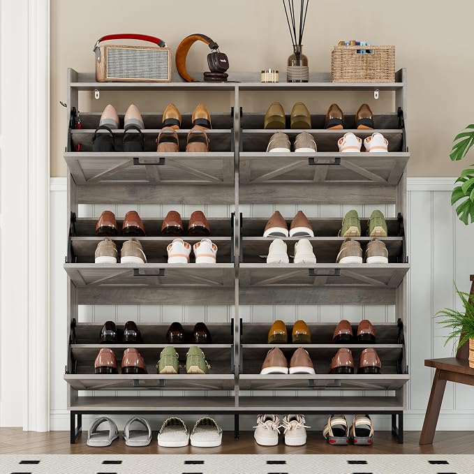 BORNOON Shoe Cabinet with 6 Flip Drawers Narrow Shoe Storage Cabinet Organizer Wooden Freestanding Shoe Rack Hidden Slim Shoes Storage Cabinet for Entryway, Hallway, Living Room, Bedroom