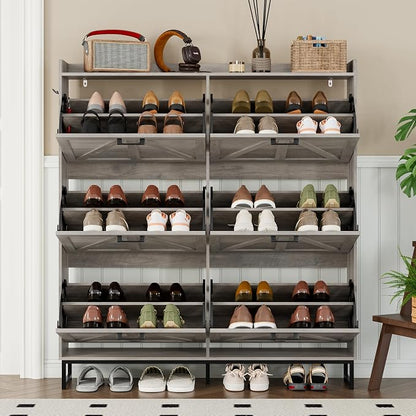 BORNOON Shoe Cabinet with 6 Flip Drawers Narrow Shoe Storage Cabinet Organizer Wooden Freestanding Shoe Rack Hidden Slim Shoes Storage Cabinet for Entryway, Hallway, Living Room, Bedroom
