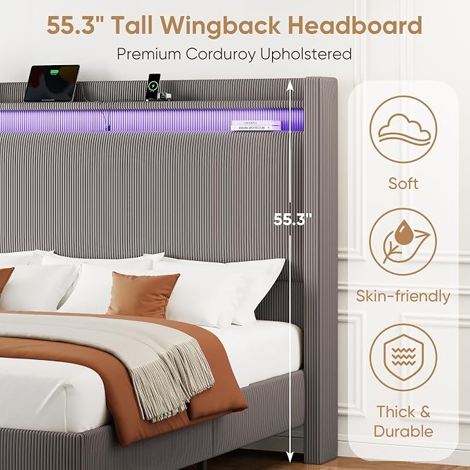 King Bed Frame with 55.3" Tall Headboard, Corduroy Upholstered Platform Bed with LED Lights & Charging Station, Wingback Storage Headboard, Solid Wood Slats,Noise Free,No Box Spring Needed,Gray Brown