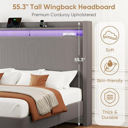 King Bed Frame with 55.3" Tall Headboard, Corduroy Upholstered Platform Bed with LED Lights & Charging Station, Wingback Storage Headboard, Solid Wood Slats,Noise Free,No Box Spring Needed,Gray Brown