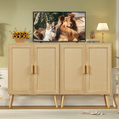Iwell Storage Cabinet with 2 Shelves, Rattan Cabinet with 2 Doors, Sideboard Buffet Cabinets with Storage for Living Room, Dining Room, Entryway, Natural