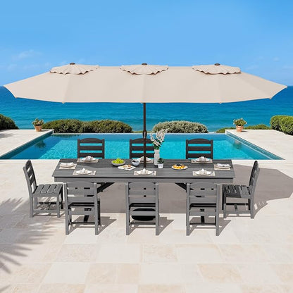 SERWALL 9 Piece 84" HDPE Outdoor Dining Set for 8 with Armless Chairs and Umbrelle Hole, Gray