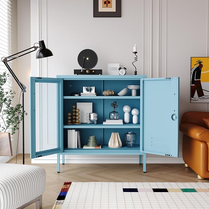 Recessed Double Adjustable Shoe Cabinet with Lock Steel Storage Cabinet for Foyer Living Room Bathroom Kitchen Blue Size：33" H x 29.5" W x 13.8" D