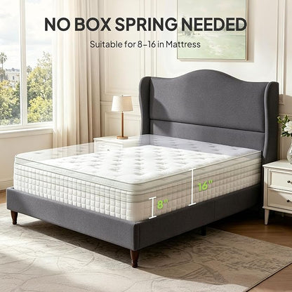 Welzona King Size Bed Frame 51" Tall Wingback Headboard, Soft Fabric Upholstered Platform Bed with Solid Wood Legs and Wooden Slats Support, No Box Spring Needed, Easy Assembly,Grey