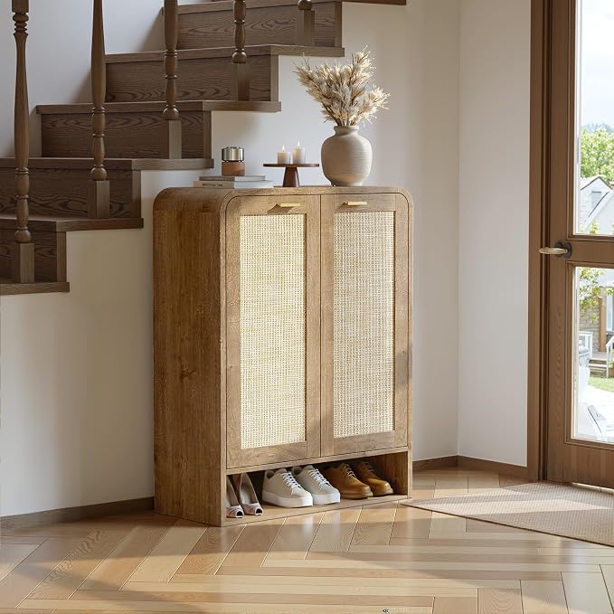 Evermagin 41" Tall Rattan Shoe Storage Cabinet, 24 Pairs Shoe Cabinet for Entryway, 5-Tier Boho Shoe Organizer with Doors for Hallway Living Room Closet, Caramel Oak