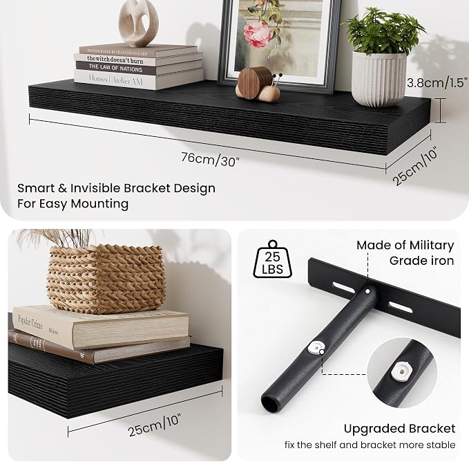 Fun Memories Floating Shelves for Wall, 30 Inch Long Floating Shelves Set of 3, 30 x 10 Wooden Shelves for Wall, Large Storage Shelves, Hanging Shelves for Bathroom Kitchen Bedroom, Black