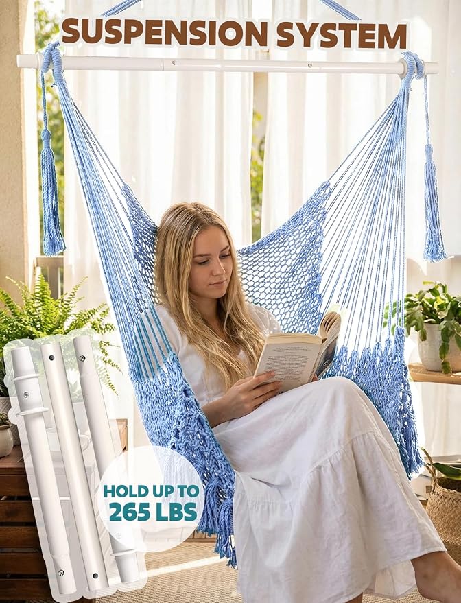 Chihee Hammock Chair Handmade Hanging Chair Cotton Rope Woven Hanging Seat Soft-Spun Large Stretch Hammock Swing, Collapsible Strong Metal Spreader Bar Elegant Macrame Comfort Indoor Outdoor Garden