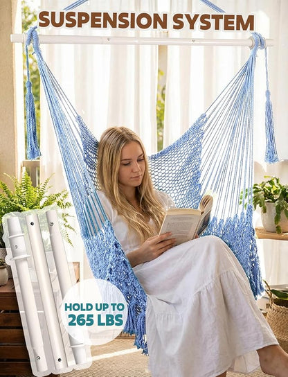 Chihee Hammock Chair Handmade Hanging Chair Cotton Rope Woven Hanging Seat Soft-Spun Large Stretch Hammock Swing, Collapsible Strong Metal Spreader Bar Elegant Macrame Comfort Indoor Outdoor Garden