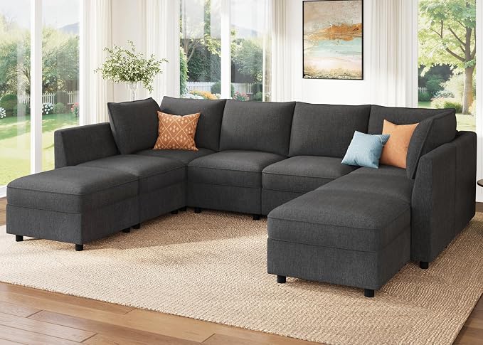 HONBAY Modular Sectional Sofa Couch with Storage, Modern U Shaped Sectional Sofa, Convertible Couches for Living Room - Snowflake Velvet Grey