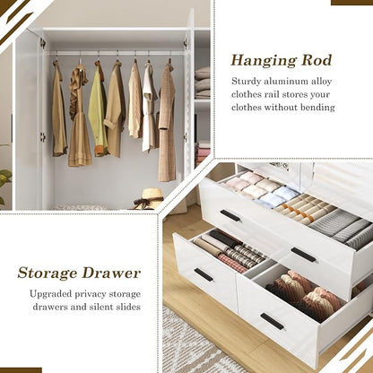 jiteentarou 3 Door Armoire Wardrobe Closet Cabinet with Drawers and LED Lights, Multi-Tier Shelves, Hanging Rod & 3 Louver Doors, Large Capacity Storage Wardrobe Armoire for Bedroom(3 Doors White)