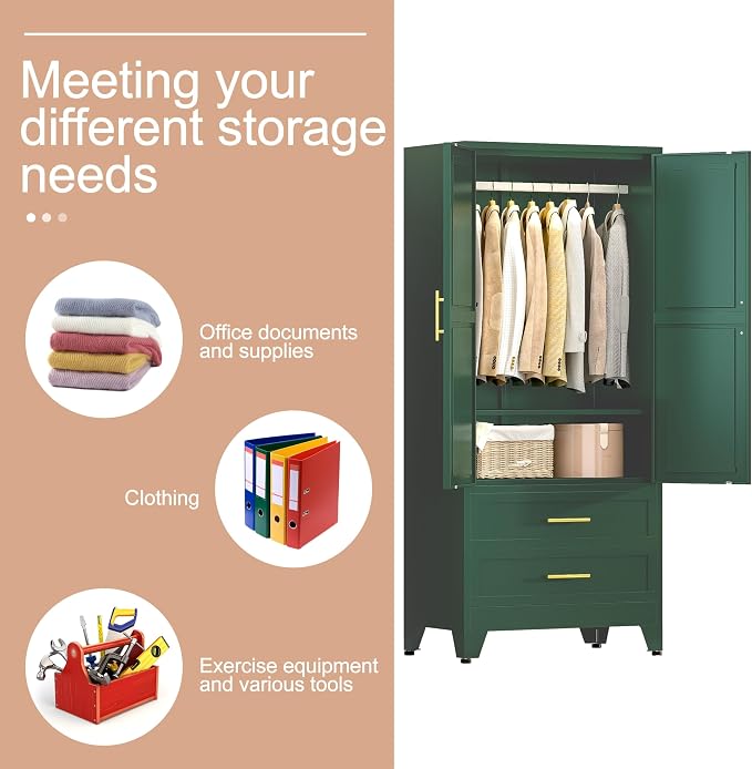 PAOFIN Green 71" Metal Armoire Wardrobe Closet, Bedroom Clothing Storage Cabinet with 2 Drawers and Hanging Rod, Freestanding Armoire Cabinet with Adjustable Shelves