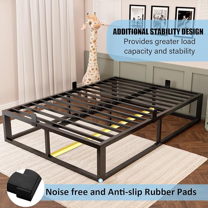 Bilily 14 Inch Queen Bed Frame with Sturdy Steel Slat Support,Heavy Duty Metal Platform Queen Size Mattress Foundation,No Box Spring Needed,Easy Assembly,Noise Free,Black