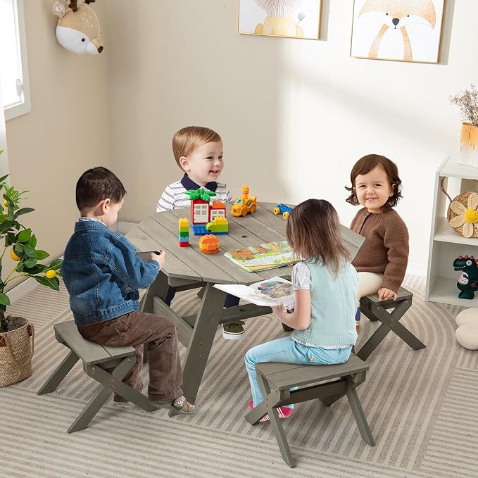 Costzon Kids Picnic Table, Fir Wood Octagon Kids Table and Chair Set with Removable Umbrella, Toddler Activity Table for Backyard, Garden, Patio, Kids Outdoor Furniture for Boys Girls (Grey)