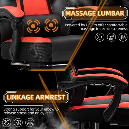 Gaming Chair with Footrest, Massage Lumbar Support, Height Adjustment, and 360° Swivel Seat. Ergonomic Design for Gaming