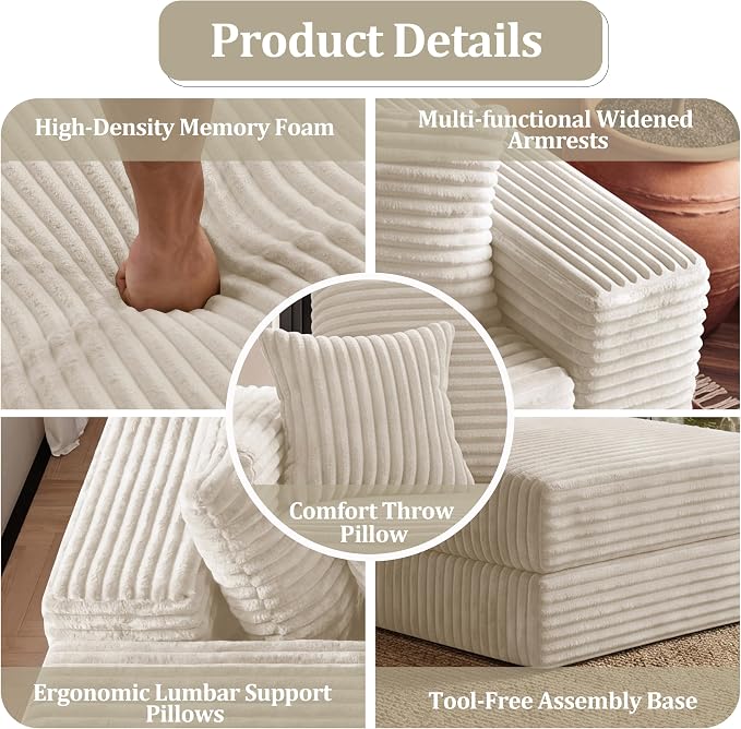 75'' L-Shaped Cloud Modular Sectional Couch with Chaise, Modern Corduroy Memory Foam Sofa Bed, Upholstered Boneless Deep Seat Fluffy Sleeper Sofa, for Living Room, No Assembly Needed (Beige)