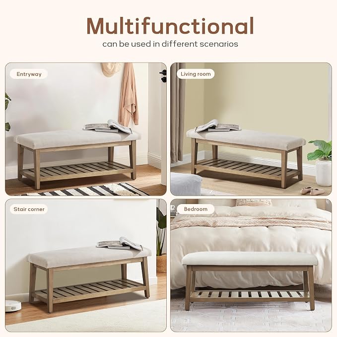 Zihanhome Entryway Bench, Chenille Upholstered Shoe Benches for Bedroom, Ottoman Bench with Solid Wood Shelf, Storage Benches for Hallway, Living Room(Beige)