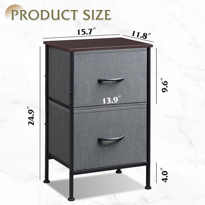 WLIVE Night Stand, Small Dresser with 2 Drawers & Wooden Top, Nightstand with Fabric Bins, Bedside Table End Table for Bedroom, Closet, Entryway, College Dorm, Charcoal Black