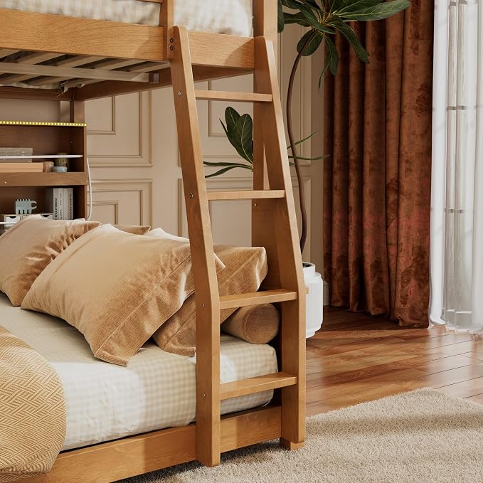 Merax Full Over Queen Bunk Bed,Wood bunk Bed with LED,Bed with Integrated Shelving, Color-Changing Lights and Pegboard, Full XL Over Queen, Brown