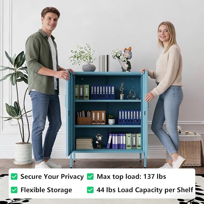Blue 3 Tier Metal Storage Cabinet with Legs, Lockable 2 Door Metal Locker, Heavy Duty Multipurpose Accent Storage Cabinet with 2 Adjustable Shelves for Home, Office, Entryway and Hallway