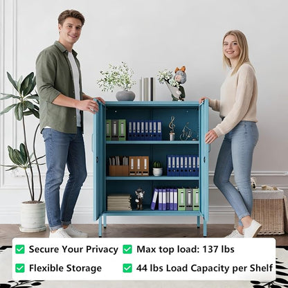 Blue 3 Tier Metal Storage Cabinet with Legs, Lockable 2 Door Metal Locker, Heavy Duty Multipurpose Accent Storage Cabinet with 2 Adjustable Shelves for Home, Office, Entryway and Hallway