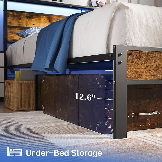 Liians Full Size Bed Frame, Full Bed with Charging Station Headboard and LED Lights, Platform Bed with Metal Slats, No Box Spring Needed, Noise Free, Easy Assembly