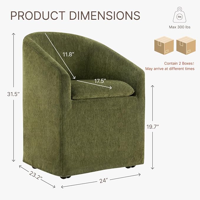 KISLOT Upholstered Dining Chairs Set of 2 with Casters, Modern Side Barrel Armchair with Washable Slipcover & Sturdy Metal Frame for Diningroom Bedroom Livingroom Reading Room, Green Fabric
