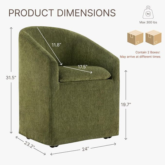 KISLOT Upholstered Dining Chairs Set of 2 with Casters, Modern Side Barrel Armchair with Washable Slipcover & Sturdy Metal Frame for Diningroom Bedroom Livingroom Reading Room, Green Fabric