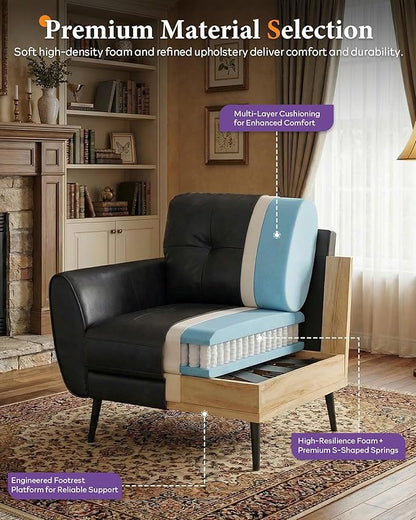 TYBOATLE Accent Chair Comfy Modern Living Room Chair Black Leather Reading Accent Chairs Tufted Mid Century Moden Arm Chair Small Salon Chair for Office Bedroom (1, Black)