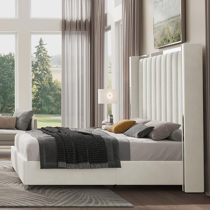 Jocisland Queen Size Bed Frame with 58" Tall Headboard, Platform Velvet Upholstered Bed with Channel Tufted Wingback Headboard and Plating Trim, No Box Spring Needed, White Cream