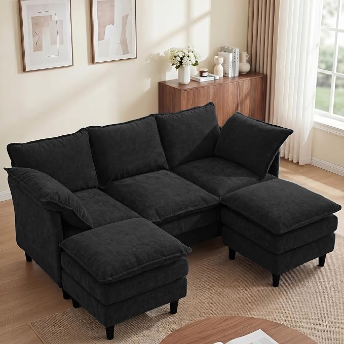 3 Seater U-Shape Couch Sofa with Ottomans, 69" Small Couch Modern Comfy Cloud Sofa with 23" Deep Washable Pillow ChenilleCover Couches for Living Room Bedroom Apartment Office 69-Black-U