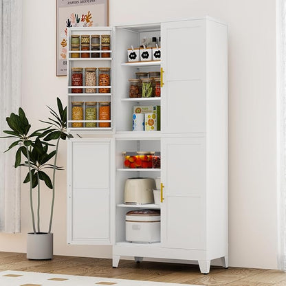 GAIOUS 74.8" Tall Metal Food Cabinet, White Kitchen Pantry Cabinet Cupboard | Food Storage, Kitchen Organizer, Storage Cabinet with 4 Door and 4 Adjustable Shelves, Steel Freestanding, for Dining Living