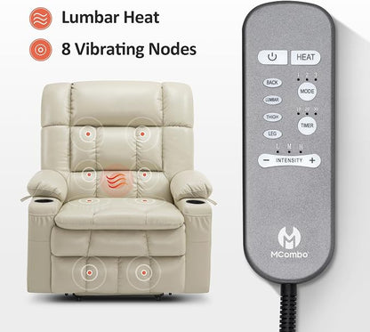 MCombo Dual Motor Power Lift Recliner Chair for Elderly, Lay Flat Lift Chair with Heat and Massage, Oversized Lift Recliner for Big and Tall, Faux Leather R7891 (Cream White, Large-Wide)