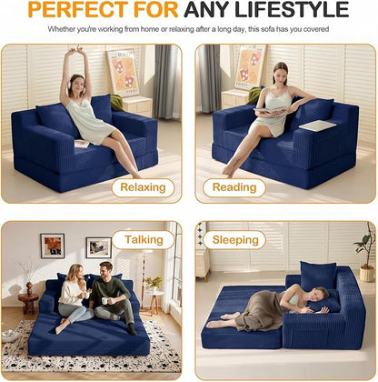 Erament Boneless Loveseat Convertible Sofa Bed, Folding Floor Futon Sleeper Sofa Couch Bed- Boneless Foldable Couch, Corduroy Pull Out Sofa Bed with 2 Pillows for Living Room & Bedroom