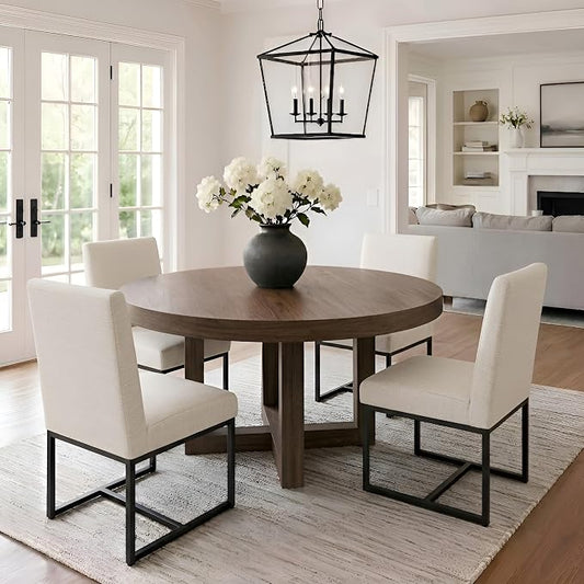 VESCASA Linen Upholstered Dining Chairs Set of 4, Mid Century Modern Padded Chair with Black Metal Frame for Restaurant, Dining Room, Kitchen, Cream