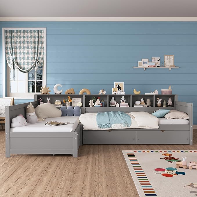 Bellemave L Shaped Corner Bed for 2 Kids, Double Twin Platform BedFrame with Storage Drawers and Shelves, Gray