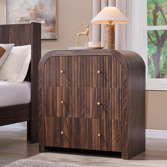 T4TREAM Fluted Dresser with 3 Drawers, 32" Tall Modern Chest of Drawers with Thickened Curved Profile Design, Wood Closet Clothes Storage Organizer for Bedroom, Living Room, Hallway, Dark Walnut