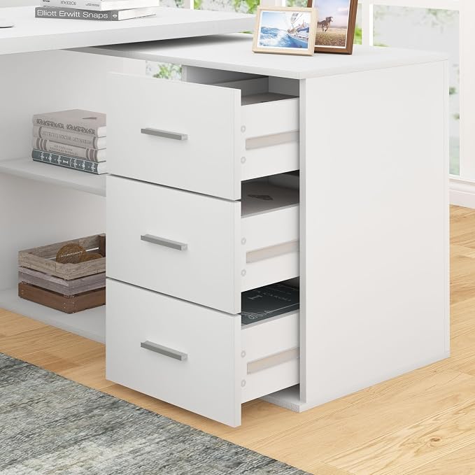 HSH White L Shaped Desk with Drawers Shelves, Corner Home Office Desk L Shape with Storage Cabinet, Large Wood Computer Desk for PC Executive Work Writing Study, Modern Living Room Bedroom Table,60 In