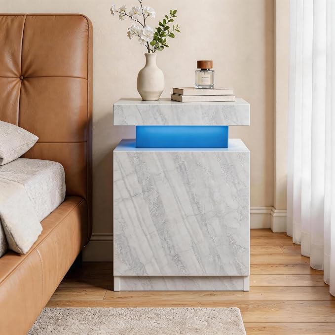 MXV Nightstand Set of 2 with LED Lights,Night Stand with Storage Cabinet for Bedroom,Bedside Table with LED (Grey, 15" D x 15" W x 24" H)