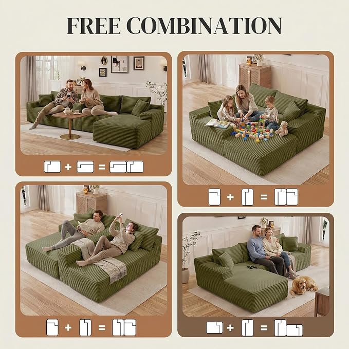 95" L Shaped Cloud Boneless Sectional Couches for Living Room, Modern Comfy Modular Deep Seat Memory Foam Compressed Corduroy Sofa Oversized Left Facing Chaise, No Assembly Required, Green