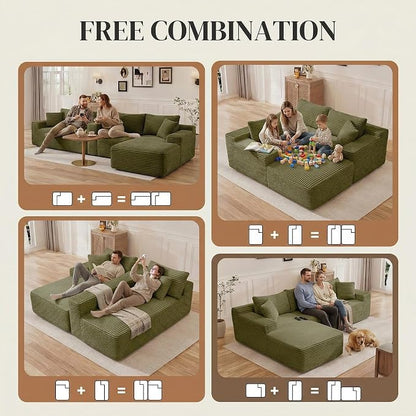 95" L Shaped Cloud Boneless Sectional Couches for Living Room, Modern Comfy Modular Deep Seat Memory Foam Compressed Corduroy Sofa Oversized Left Facing Chaise, No Assembly Required, Green