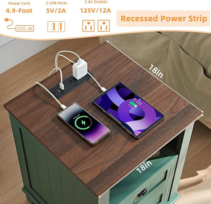 Joaxswe 18" Farmhouse Night Stand with Charging Station, 2 Drawers Bedside End Table, Green Wooden Nightstand, Bed Side Table Cabinet with Open Shelf for Bedroom Living Room Office
