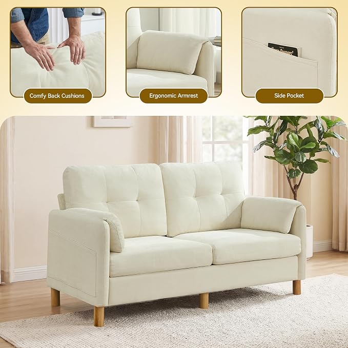 65" Loveseat Sofa, Mid Century Loveseat Couch for Living Room with Storage Pockets, Upholstered Small Loveseat for Small Spaces, Bedroom, Home Office, Apartments, Small Sofa Chenille Beige