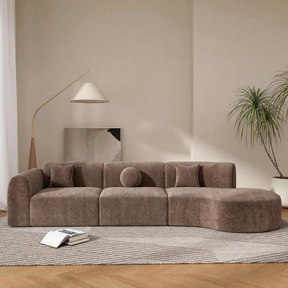 Merax 3-Piece 140" Curved Sectional Sofa Set, 4 Seat L-Shaped Modular Modern Cloud Couch with Chaise Lounge, 3 Pillows, Fully Assembled High-Density Compressed Sponge for Living Room, Brown