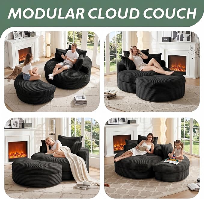Oversized Round Chaise Lounge Chair, Deep Seat Cloud Boneless Floor Sofa Couch, Upholstered Corduroy Sleeper with 3 Pillows & Optional Ottoman, No Assembly Modern Lazy Floor Lounger for Living Room