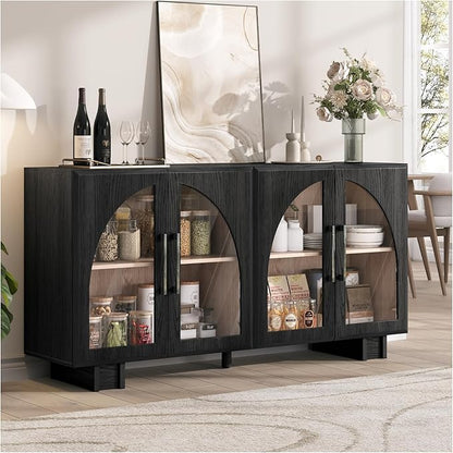 JOINICE 63” Sideboard Buffet Cabinet with Storage for Dining Room,Black | Modern Accent Console Cabinet with Arched Glass Doors,supports up to 100 lbs,Adjustable Shelves,for Kitchen,Entryway