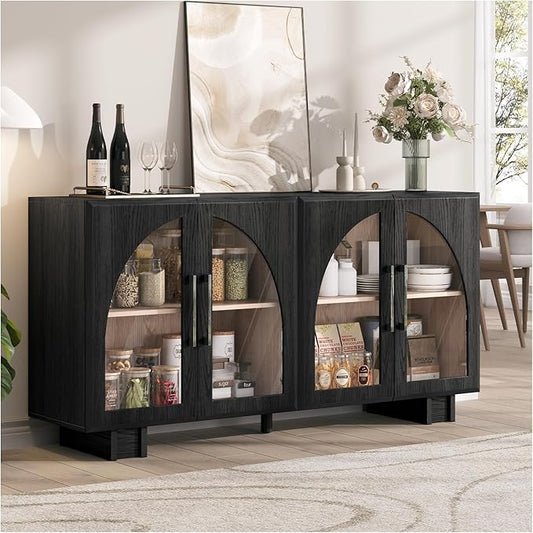 JOINICE 63” Sideboard Buffet Cabinet with Storage for Dining Room,Black | Modern Accent Console Cabinet with Arched Glass Doors,supports up to 100 lbs,Adjustable Shelves,for Kitchen,Entryway