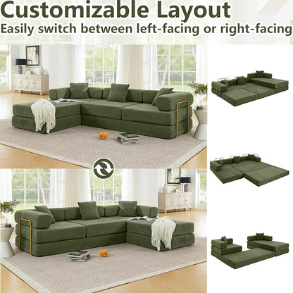 HANXIN 108" Modular Sectional Sofa, Futon Convertible Sofa Bed,Oversized Corduroy Boneless Couch for Living Room,Floor Loveseat Sleeper with Pull Out Bed,Free Combination,No Assembly Required (Green)