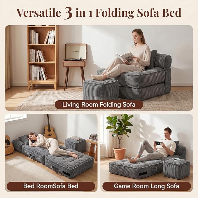 Folding Sofa Bed, Convertible Sleeper Chair with Pillow Foldable Mattress with Back Support, Portable Fold Out Chair Bed Comfy Floor Couch Lounge for Living Room Bedroom Apartment Single