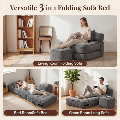 Folding Sofa Bed, Convertible Sleeper Chair with Pillow Foldable Mattress with Back Support, Portable Fold Out Chair Bed Comfy Floor Couch Lounge for Living Room Bedroom Apartment Single