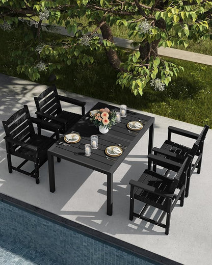 SERWALL 60" - 83" Expandable Outdoor Dining Table and 6 HDPE Chairs, Black | Outdoor Dining Set for 6, All Weather Aluminum and HDPE Outdoor Furniture Set, Extendable Patio Dining Table